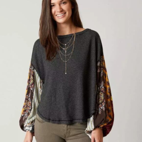 Free People SZ XS Blossom Thermal Patchwork Top Charcoal Gray - Picture 1 of 8